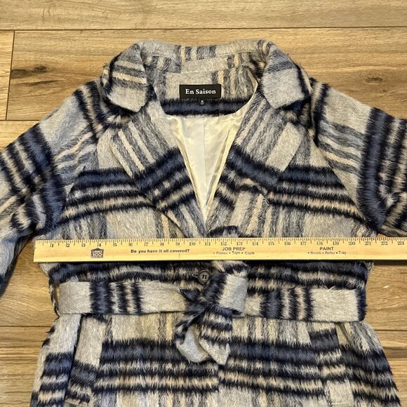 En Saison Demi Plaid Belted Coat SZ Medium Navy Gray Multi Long Fuzzy - Picture 5 of 14